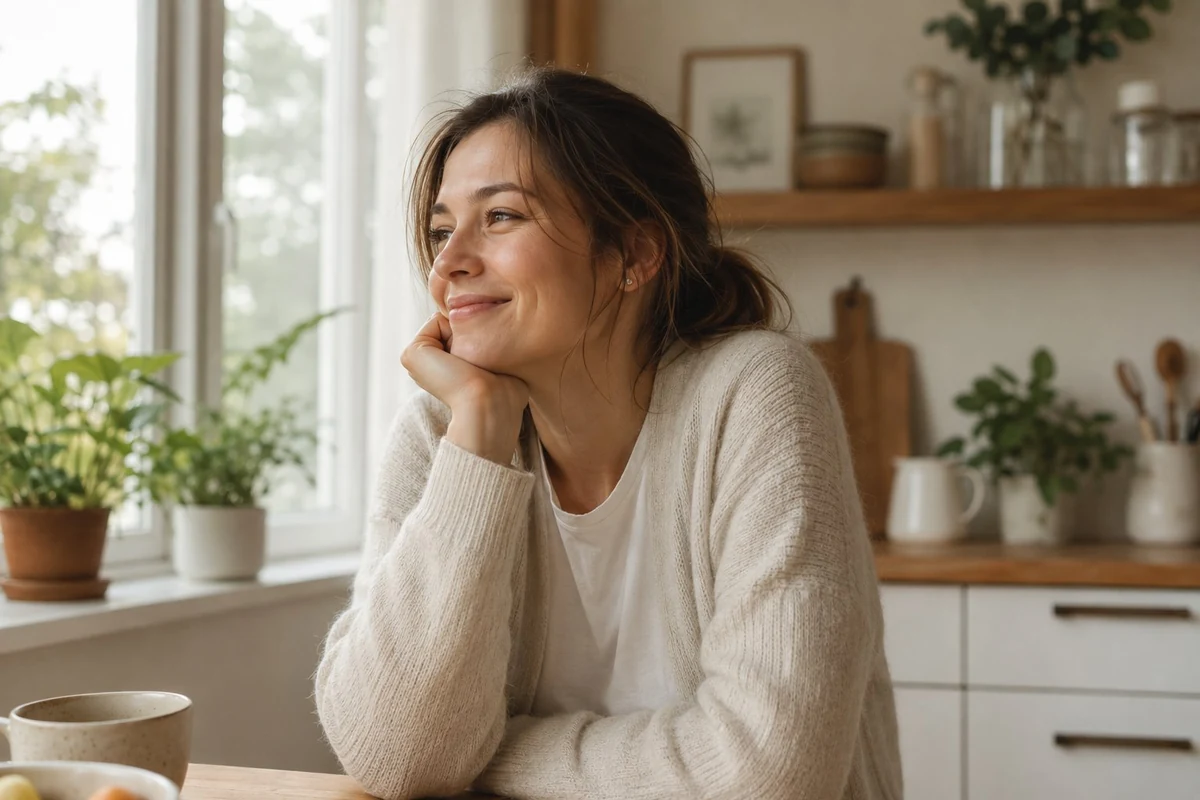 Woman at sunlit kitchen, calm and content